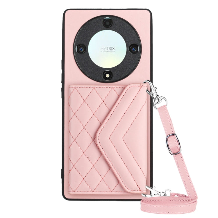Rhombic Texture Card Bag RFID Phone Case with Long Lanyard, For Honor X7a / Play 7T, For Honor X8a, For Honor X9a / Magic5 Lite