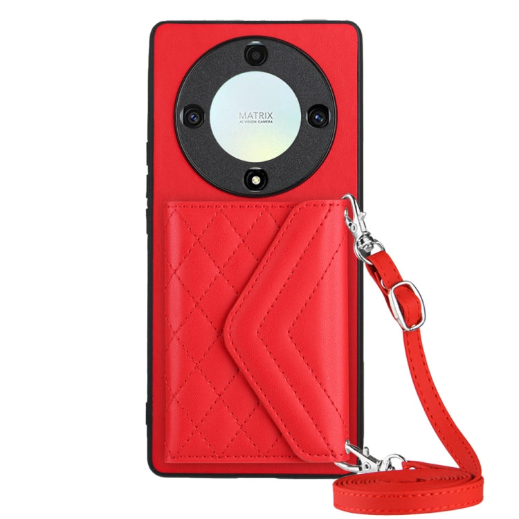 Rhombic Texture Card Bag RFID Phone Case with Long Lanyard, For Honor X7a / Play 7T, For Honor X8a, For Honor X9a / Magic5 Lite