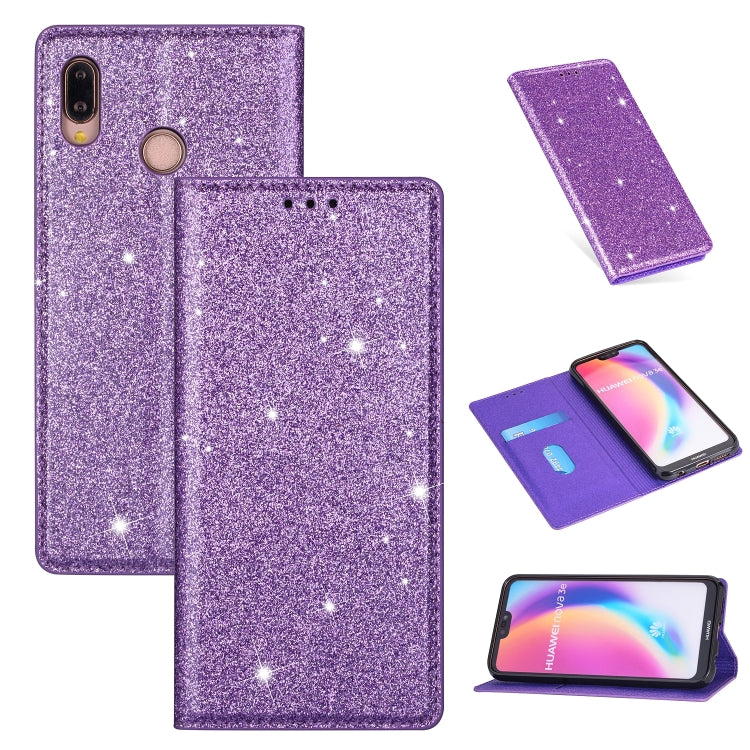 Ultrathin Glitter Magnetic Horizontal Flip Leather Case with Holder & Card Slots, For Huawei P Smart+ 2019, For Huawei P20 Lite, For Huawei P20 Pro, For Huawei P30, For Huawei P30 Lite, For Huawei Y7 (2019), For Huawei Y6 (2019)