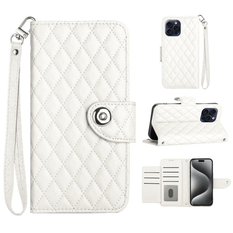 Rhombic Texture Flip Leather Phone Case with Lanyard, For iPhone 16, For iPhone 15 Pro Max, For iPhone 15 Pro, For iPhone 15 Plus, For iPhone 15, For iPhone 14 Plus, For iPhone 14, For iPhone 14 Pro