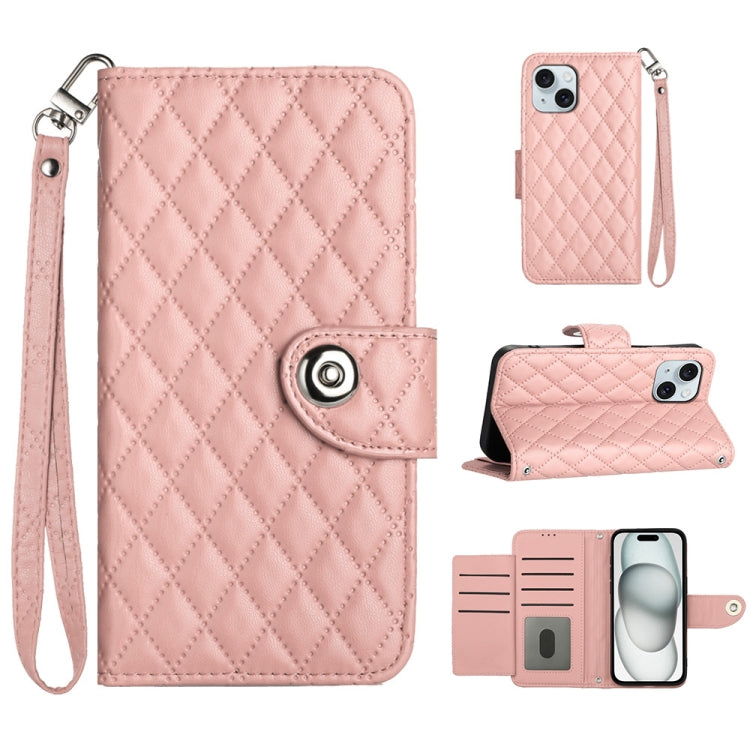 Rhombic Texture Flip Leather Phone Case with Lanyard, For iPhone 16, For iPhone 15 Pro Max, For iPhone 15 Pro, For iPhone 15 Plus, For iPhone 15, For iPhone 14 Plus, For iPhone 14, For iPhone 14 Pro