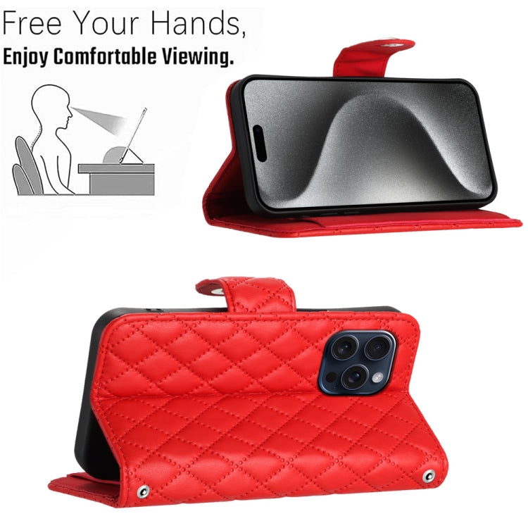 Rhombic Texture Flip Leather Phone Case with Long Lanyard, For iPhone 15 Pro Max, For iPhone 15 Pro, For iPhone 15 Plus, For iPhone 15, For iPhone 14 Plus, For iPhone 14, For iPhone 14 Pro, For iPhone 14 Pro Max