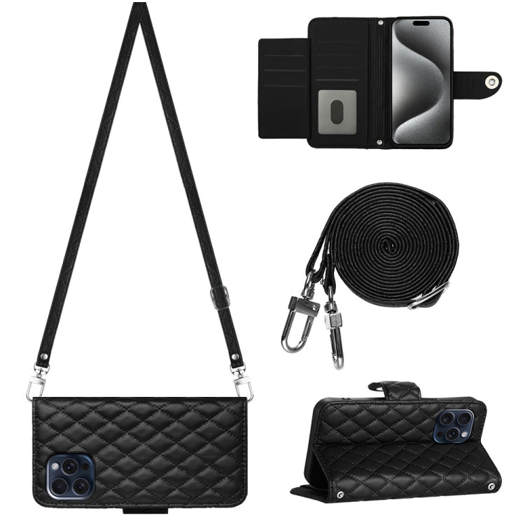 Rhombic Texture Flip Leather Phone Case with Long Lanyard, For iPhone 15 Pro Max, For iPhone 15 Pro, For iPhone 15 Plus, For iPhone 15, For iPhone 14 Plus, For iPhone 14, For iPhone 14 Pro, For iPhone 14 Pro Max