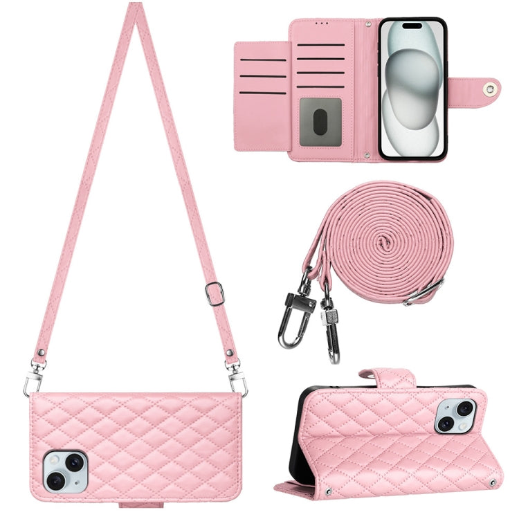 Rhombic Texture Flip Leather Phone Case with Long Lanyard, For iPhone 15 Pro Max, For iPhone 15 Pro, For iPhone 15 Plus, For iPhone 15, For iPhone 14 Plus, For iPhone 14, For iPhone 14 Pro, For iPhone 14 Pro Max