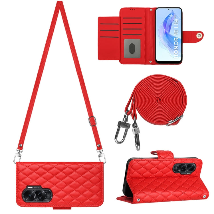 Rhombic Texture Flip Leather Phone Case with Long Lanyard, For Honor X6a, For Honor 90 Lite, For Honor 90