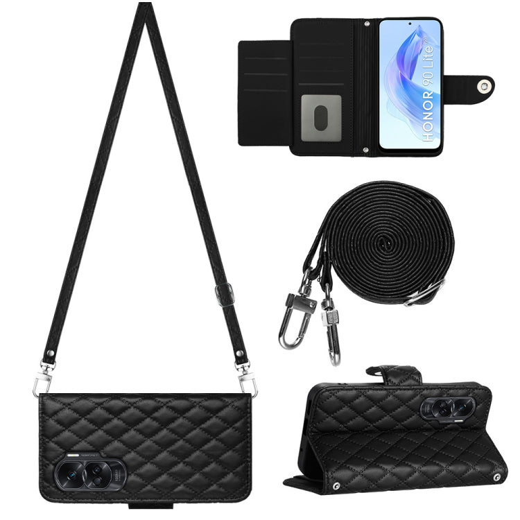 Rhombic Texture Flip Leather Phone Case with Long Lanyard, For Honor X6a, For Honor 90 Lite, For Honor 90