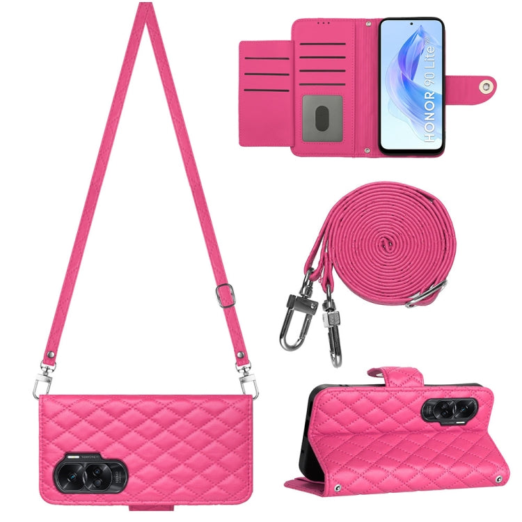 Rhombic Texture Flip Leather Phone Case with Long Lanyard, For Honor X6a, For Honor 90 Lite, For Honor 90
