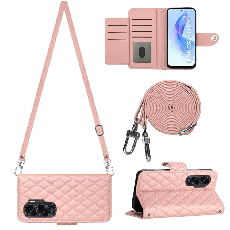 Rhombic Texture Flip Leather Phone Case with Long Lanyard, For Honor X6a, For Honor 90 Lite, For Honor 90