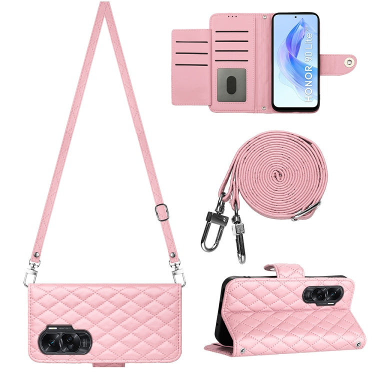 Rhombic Texture Flip Leather Phone Case with Long Lanyard, For Honor X6a, For Honor 90 Lite, For Honor 90