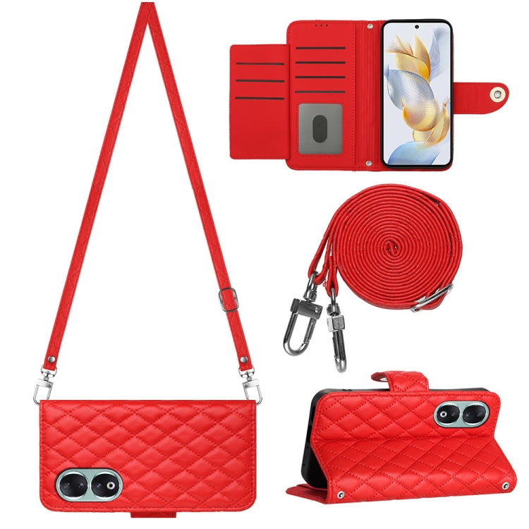Rhombic Texture Flip Leather Phone Case with Long Lanyard, For Honor X6a, For Honor 90 Lite, For Honor 90
