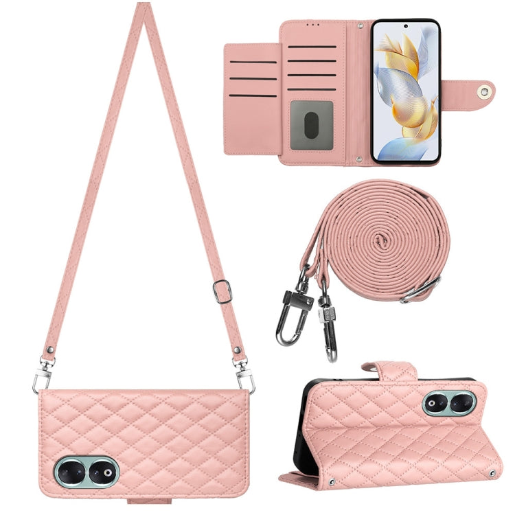 Rhombic Texture Flip Leather Phone Case with Long Lanyard, For Honor X6a, For Honor 90 Lite, For Honor 90