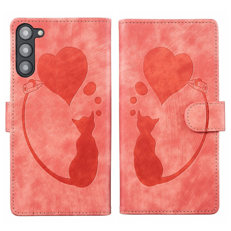 Pen Heart Cat Embossed Leather Phone Case, For Samsung Galaxy S23 FE 5G, For Samsung Galaxy A24 4G, For Samsung Galaxy A23 5G, For Samsung Galaxy A34 5G, For Samsung Galaxy A54 5G, For Samsung Galaxy S23 Ultra 5G, For Samsung Galaxy S23+ 5G            ...