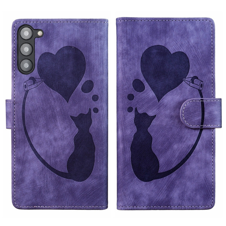 Pen Heart Cat Embossed Leather Phone Case, For Samsung Galaxy S23 FE 5G, For Samsung Galaxy A24 4G, For Samsung Galaxy A23 5G, For Samsung Galaxy A34 5G, For Samsung Galaxy A54 5G, For Samsung Galaxy S23 Ultra 5G, For Samsung Galaxy S23+ 5G            ...