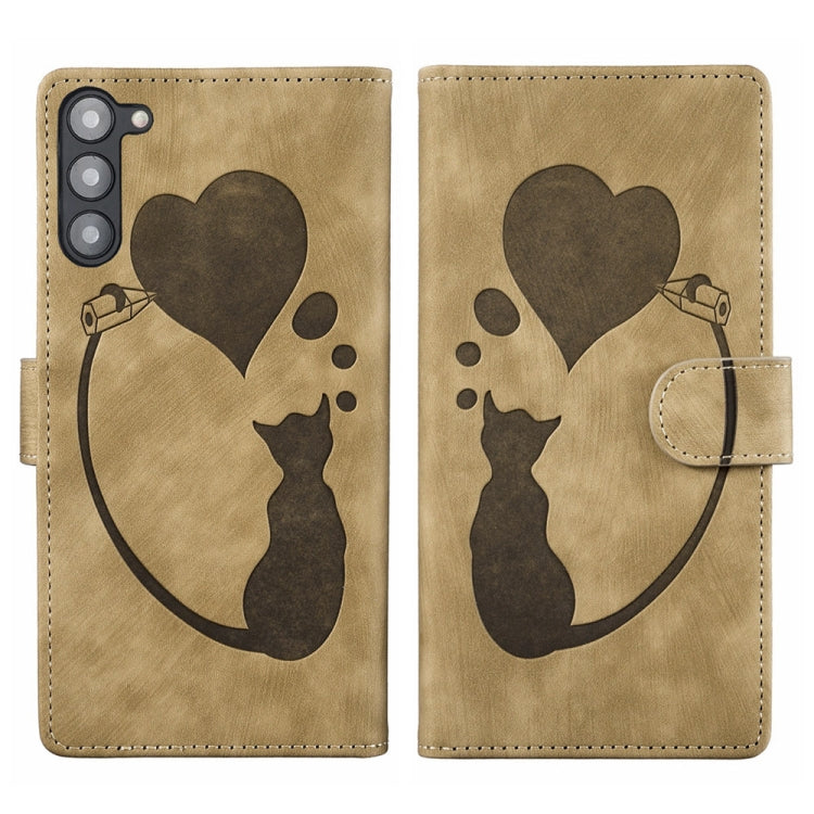 Pen Heart Cat Embossed Leather Phone Case, For Samsung Galaxy S23 FE 5G, For Samsung Galaxy A24 4G, For Samsung Galaxy A23 5G, For Samsung Galaxy A34 5G, For Samsung Galaxy A54 5G, For Samsung Galaxy S23 Ultra 5G, For Samsung Galaxy S23+ 5G            ...