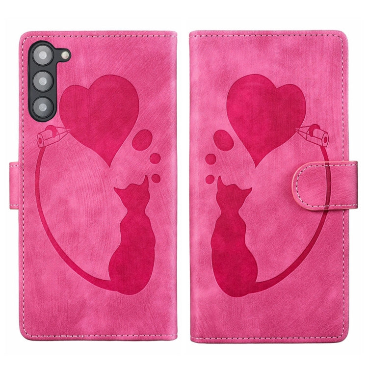 Pen Heart Cat Embossed Leather Phone Case, For Samsung Galaxy S23 FE 5G, For Samsung Galaxy A24 4G, For Samsung Galaxy A23 5G, For Samsung Galaxy A34 5G, For Samsung Galaxy A54 5G, For Samsung Galaxy S23 Ultra 5G, For Samsung Galaxy S23+ 5G            ...