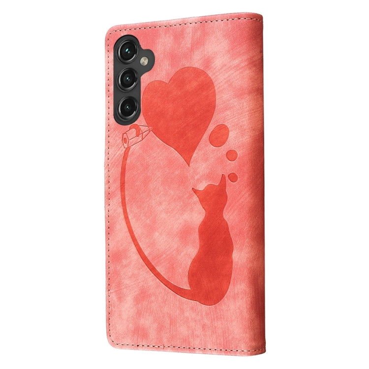 Pen Heart Cat Embossed Leather Phone Case, For Samsung Galaxy S23 FE 5G, For Samsung Galaxy A24 4G, For Samsung Galaxy A23 5G, For Samsung Galaxy A34 5G, For Samsung Galaxy A54 5G, For Samsung Galaxy S23 Ultra 5G, For Samsung Galaxy S23+ 5G            ...