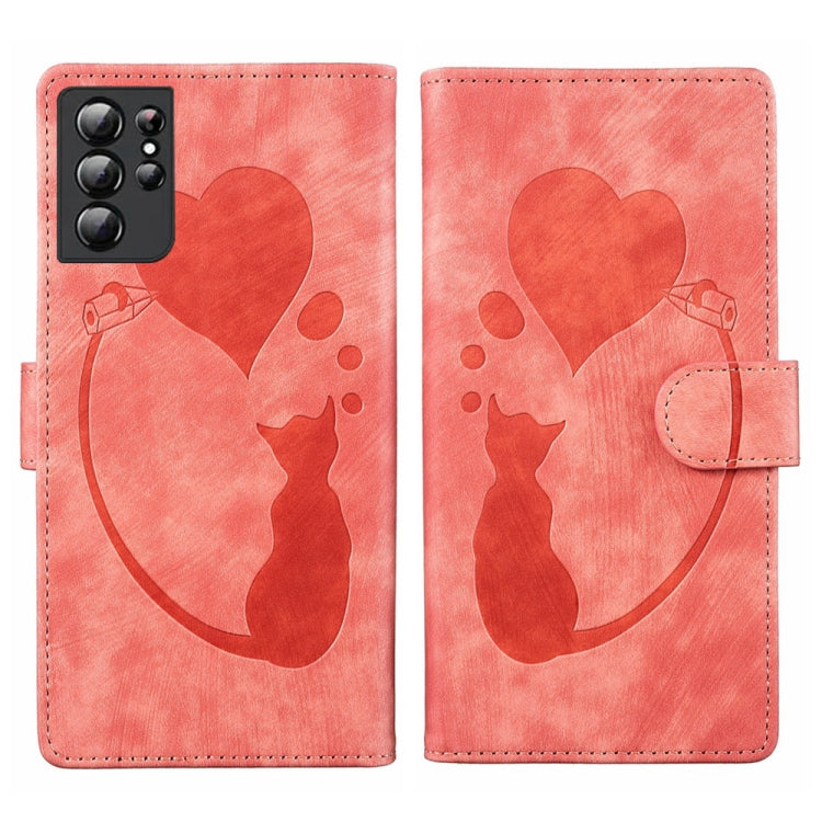 Pen Heart Cat Embossed Leather Phone Case, For Samsung Galaxy S21 FE 5G, For Samsung Galaxy A32 5G, For Samsung Galaxy S21 5G, For Samsung Galaxy S21+ 5G, For Samsung Galaxy S21 Ultra 5G, For Samsung Galaxy S20 FE 5G