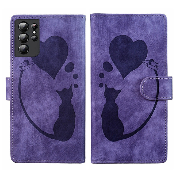 Pen Heart Cat Embossed Leather Phone Case, For Samsung Galaxy S21 FE 5G, For Samsung Galaxy A32 5G, For Samsung Galaxy S21 5G, For Samsung Galaxy S21+ 5G, For Samsung Galaxy S21 Ultra 5G, For Samsung Galaxy S20 FE 5G