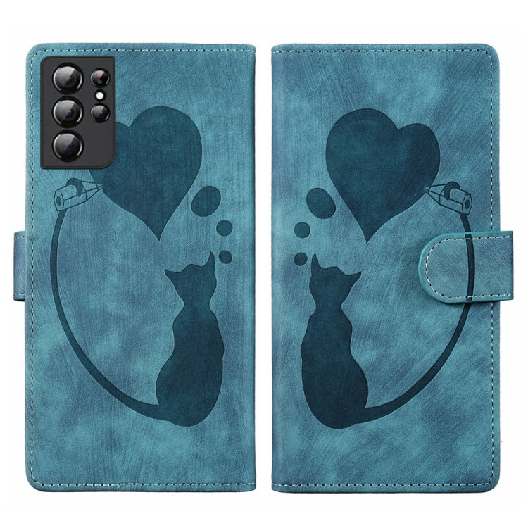 Pen Heart Cat Embossed Leather Phone Case, For Samsung Galaxy S21 FE 5G, For Samsung Galaxy A32 5G, For Samsung Galaxy S21 5G, For Samsung Galaxy S21+ 5G, For Samsung Galaxy S21 Ultra 5G, For Samsung Galaxy S20 FE 5G
