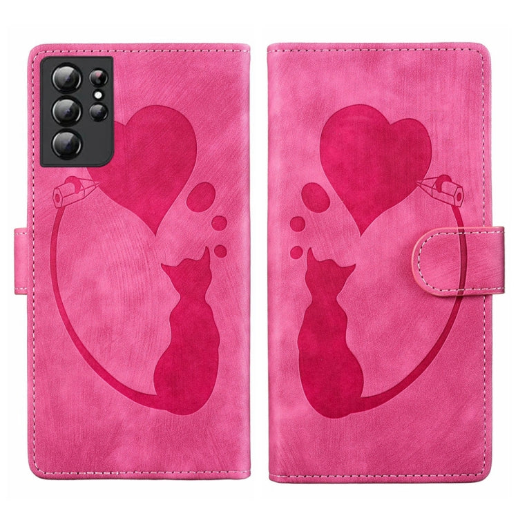 Pen Heart Cat Embossed Leather Phone Case, For Samsung Galaxy S21 FE 5G, For Samsung Galaxy A32 5G, For Samsung Galaxy S21 5G, For Samsung Galaxy S21+ 5G, For Samsung Galaxy S21 Ultra 5G, For Samsung Galaxy S20 FE 5G