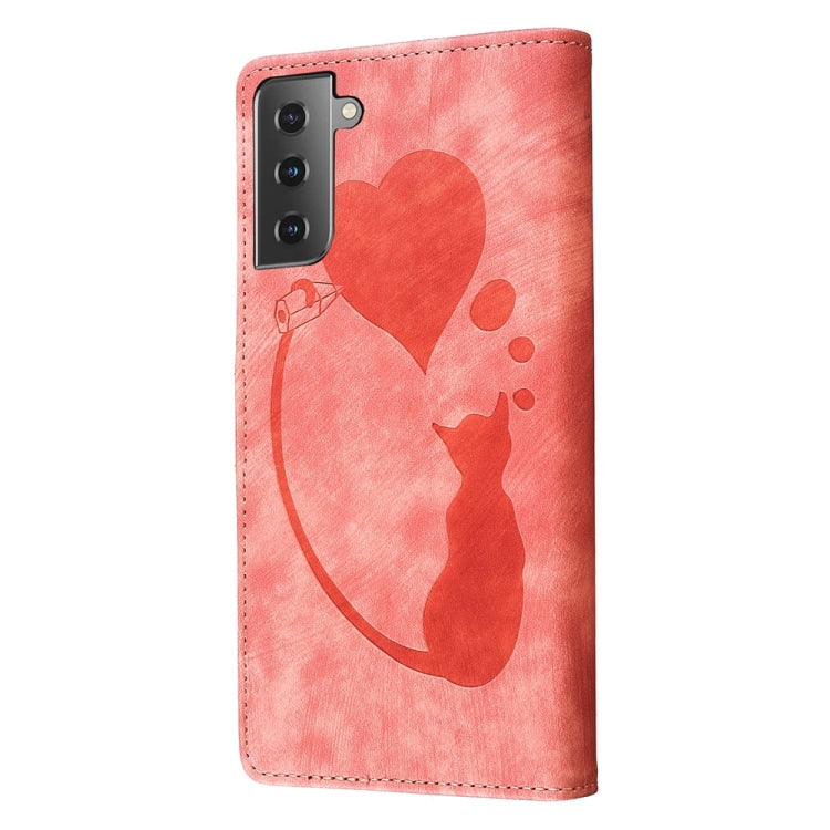 Pen Heart Cat Embossed Leather Phone Case, For Samsung Galaxy S21 FE 5G, For Samsung Galaxy A32 5G, For Samsung Galaxy S21 5G, For Samsung Galaxy S21+ 5G, For Samsung Galaxy S21 Ultra 5G, For Samsung Galaxy S20 FE 5G