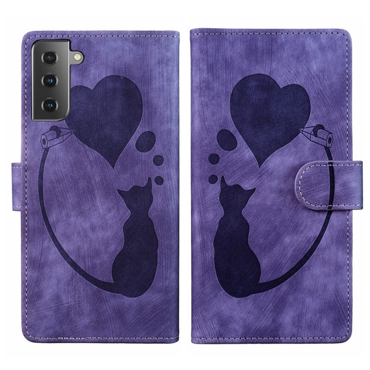 Pen Heart Cat Embossed Leather Phone Case, For Samsung Galaxy S21 FE 5G, For Samsung Galaxy A32 5G, For Samsung Galaxy S21 5G, For Samsung Galaxy S21+ 5G, For Samsung Galaxy S21 Ultra 5G, For Samsung Galaxy S20 FE 5G