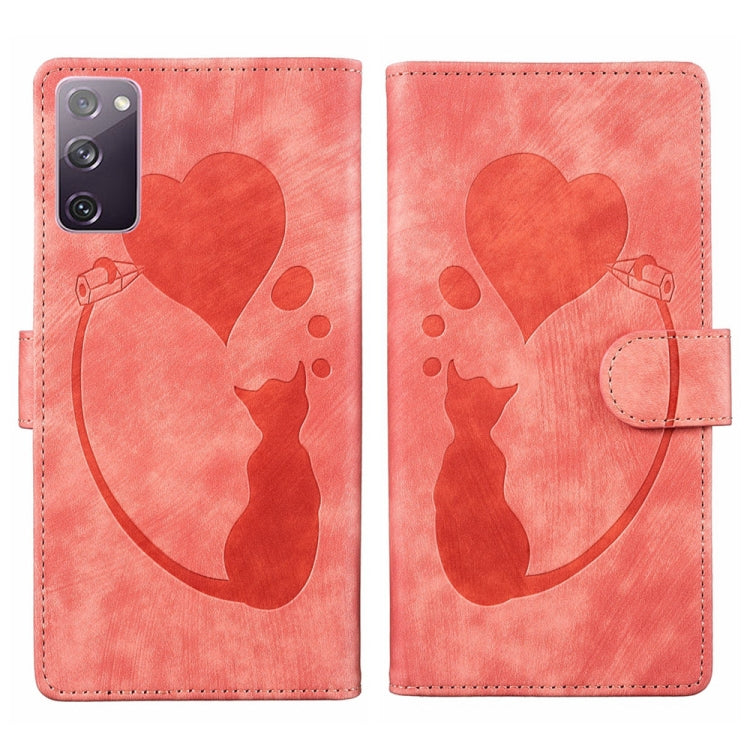Pen Heart Cat Embossed Leather Phone Case, For Samsung Galaxy S21 FE 5G, For Samsung Galaxy A32 5G, For Samsung Galaxy S21 5G, For Samsung Galaxy S21+ 5G, For Samsung Galaxy S21 Ultra 5G, For Samsung Galaxy S20 FE 5G