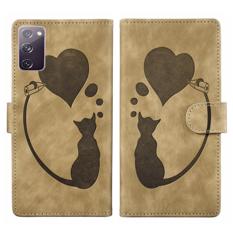 Pen Heart Cat Embossed Leather Phone Case, For Samsung Galaxy S21 FE 5G, For Samsung Galaxy A32 5G, For Samsung Galaxy S21 5G, For Samsung Galaxy S21+ 5G, For Samsung Galaxy S21 Ultra 5G, For Samsung Galaxy S20 FE 5G