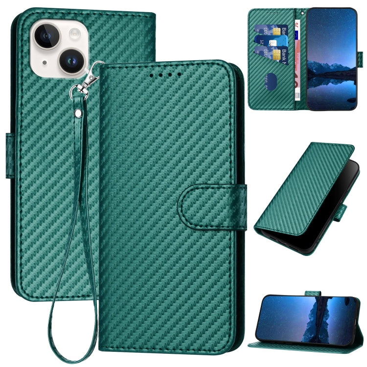 YX0070 Carbon Fiber Buckle Leather Phone Case with Lanyard, For iPhone 15, For iPhone 14 Plus, For iPhone 14, For iPhone 14 Pro, For iPhone 14 Pro Max, For iPhone SE 2022 / SE 2020 / 8 / 7