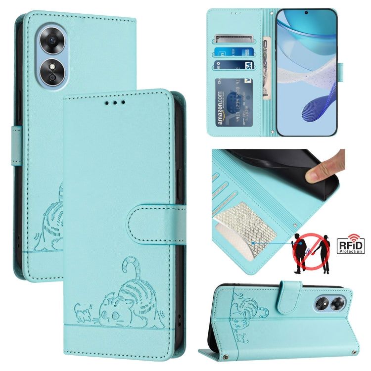 Cat Rat Embossed Pattern RFID Leather Phone Case with Lanyard, For OPPO Reno9 5G / Reno9 Pro 5G, For OPPO A17 4G Global / A17K, For OPPO A77S 4G, For OPPO A57e 4G Global, For OPPO A57S 4G Global, For OPPO Reno8 4G Global, For OPPO A77 5G / A97 5G      ...