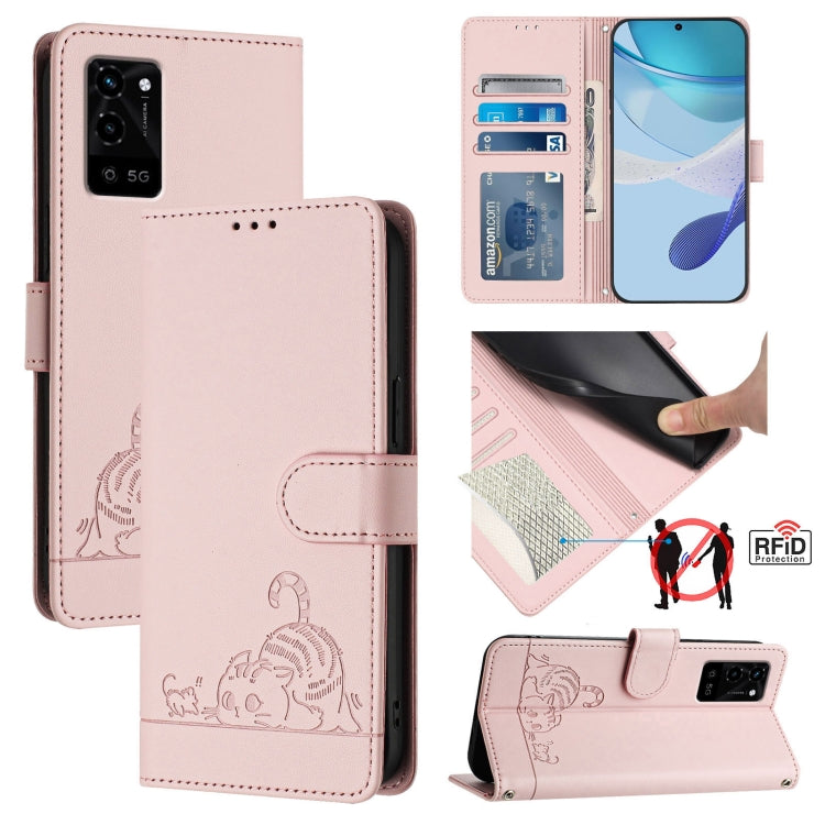 Cat Rat Embossed Pattern RFID Leather Phone Case with Lanyard, For OPPO Find X5 Pro, For OPPO Find X5, For OPPO Reno7 5G Global, For OPPO Find X5 Lite, For OPPO A54 4G / A54S / A55 5G, For OPPO A16 / A16S / A55S 5G, For OPPO A53S 5G / A56 5G           ...