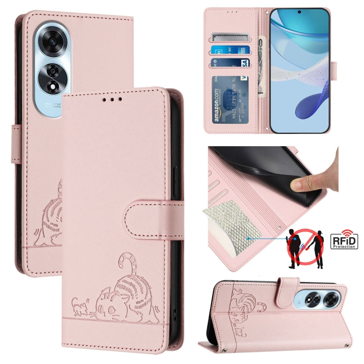 Cat Rat Embossed Pattern RFID Leather Phone Case with Lanyard, For OPPO Reno12 Pro Global, For OPPO Reno12 Global, For OPPO A60 4G Global, For OPPO A2 Pro 5G / A3 Pro 5G, For OPPO A3 Pro 5G Global, For OPPO Reno11 F 5G Global, For OPPO F25 Pro 5G India...