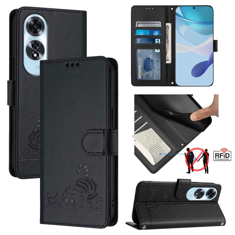 Cat Rat Embossed Pattern RFID Leather Phone Case with Lanyard, For OPPO Reno12 Pro Global, For OPPO Reno12 Global, For OPPO A60 4G Global, For OPPO A2 Pro 5G / A3 Pro 5G, For OPPO A3 Pro 5G Global, For OPPO Reno11 F 5G Global, For OPPO F25 Pro 5G India...