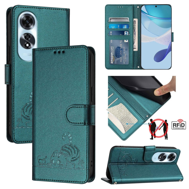 Cat Rat Embossed Pattern RFID Leather Phone Case with Lanyard, For OPPO Reno12 Pro Global, For OPPO Reno12 Global, For OPPO A60 4G Global, For OPPO A2 Pro 5G / A3 Pro 5G, For OPPO A3 Pro 5G Global, For OPPO Reno11 F 5G Global, For OPPO F25 Pro 5G India...