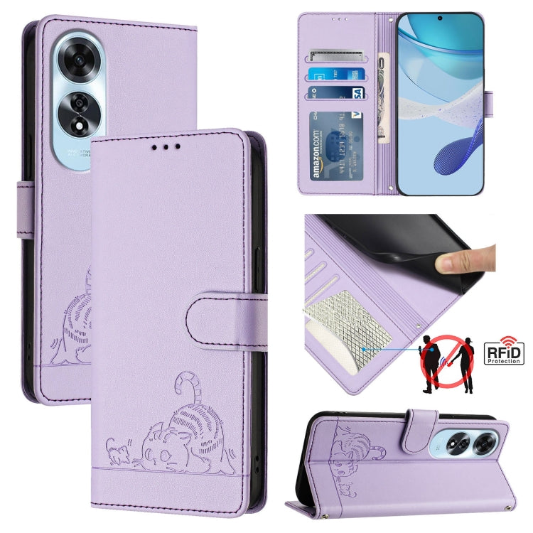 Cat Rat Embossed Pattern RFID Leather Phone Case with Lanyard, For OPPO Reno12 Pro Global, For OPPO Reno12 Global, For OPPO A60 4G Global, For OPPO A2 Pro 5G / A3 Pro 5G, For OPPO A3 Pro 5G Global, For OPPO Reno11 F 5G Global, For OPPO F25 Pro 5G India...