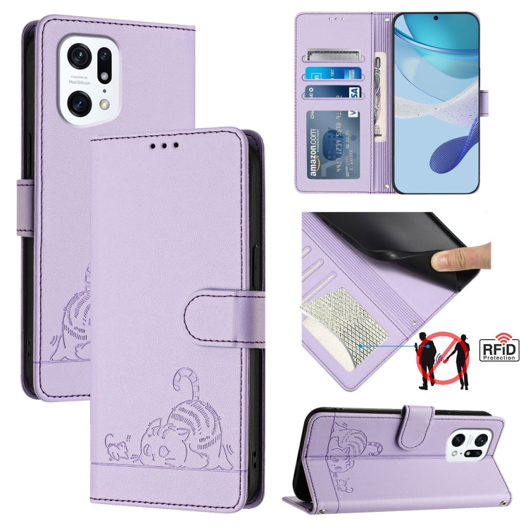 Cat Rat Embossed Pattern RFID Leather Phone Case with Lanyard, For OPPO Find X5 Pro, For OPPO Find X5, For OPPO Reno7 5G Global, For OPPO Find X5 Lite, For OPPO A54 4G / A54S / A55 5G, For OPPO A16 / A16S / A55S 5G, For OPPO A53S 5G / A56 5G           ...