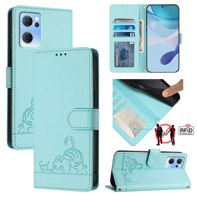 Cat Rat Embossed Pattern RFID Leather Phone Case with Lanyard, For OPPO Find X5 Pro, For OPPO Find X5, For OPPO Reno7 5G Global, For OPPO Find X5 Lite, For OPPO A54 4G / A54S / A55 5G, For OPPO A16 / A16S / A55S 5G, For OPPO A53S 5G / A56 5G           ...