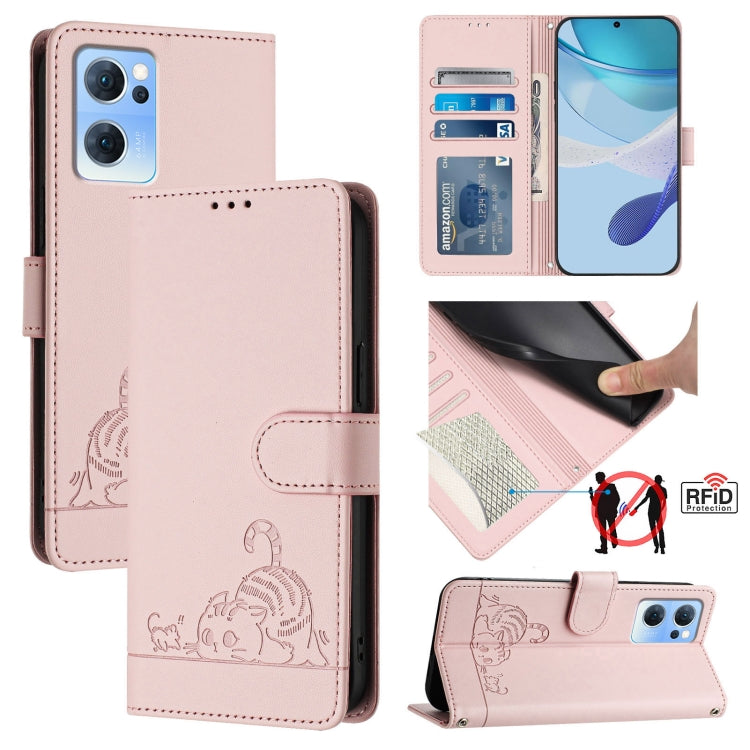 Cat Rat Embossed Pattern RFID Leather Phone Case with Lanyard, For OPPO Find X5 Pro, For OPPO Find X5, For OPPO Reno7 5G Global, For OPPO Find X5 Lite, For OPPO A54 4G / A54S / A55 5G, For OPPO A16 / A16S / A55S 5G, For OPPO A53S 5G / A56 5G           ...