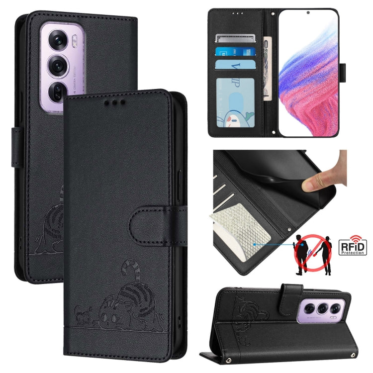 Cat Rat Embossed Pattern RFID Leather Phone Case with Lanyard, For OPPO Reno12 Pro Global, For OPPO Reno12 Global, For OPPO A60 4G Global, For OPPO A2 Pro 5G / A3 Pro 5G, For OPPO A3 Pro 5G Global, For OPPO Reno11 F 5G Global, For OPPO F25 Pro 5G India...