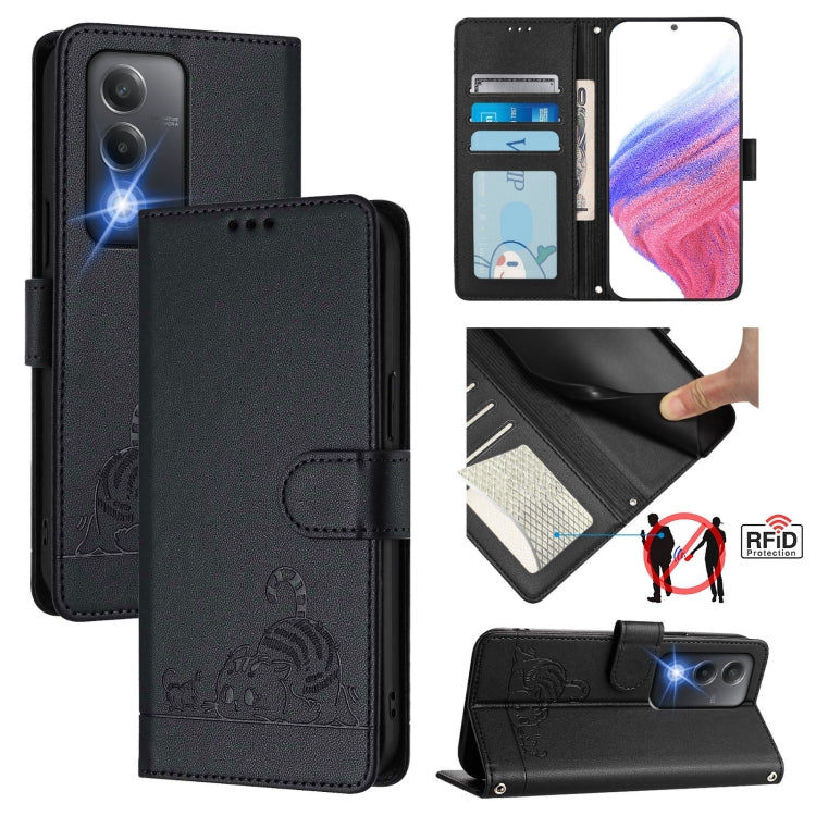 Cat Rat Embossed Pattern RFID Leather Phone Case with Lanyard, For OPPO Find X8 Ultra, For OPPO Reno13 F 5G Global / Reno13 F 4G, For OPPO A3x 5G Global, For OPPO Find X8, For OPPO A80 5G EU, For OPPO K12x 5G Global, For OPPO Reno12 F Global           ...