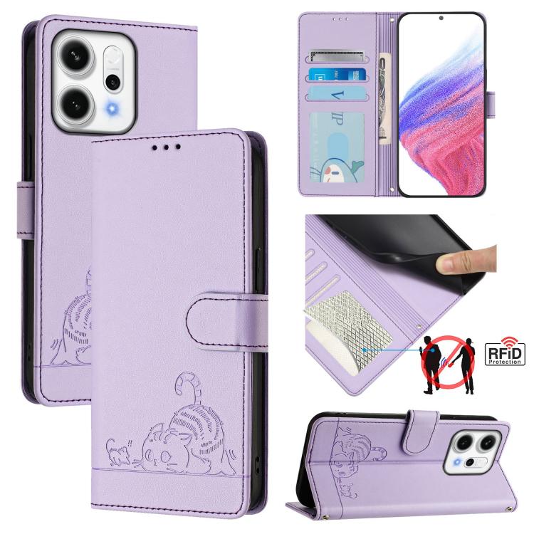 Cat Rat Embossed Pattern RFID Leather Phone Case with Lanyard, For OPPO K13 Turbo 5G, For OPPO Reno14 F 5G, For OPPO A5x 4G Global / 5G Global, For OPPO A5 5G Global / A3 Pro 5G Global, For OPPO Reno14 Pro 5G Global, For OPPO Reno14 5G Global          ...