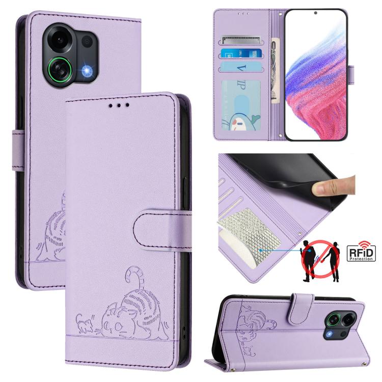 Cat Rat Embossed Pattern RFID Leather Phone Case with Lanyard, For OPPO K13 Turbo 5G, For OPPO Reno14 F 5G, For OPPO A5x 4G Global / 5G Global, For OPPO A5 5G Global / A3 Pro 5G Global, For OPPO Reno14 Pro 5G Global, For OPPO Reno14 5G Global          ...