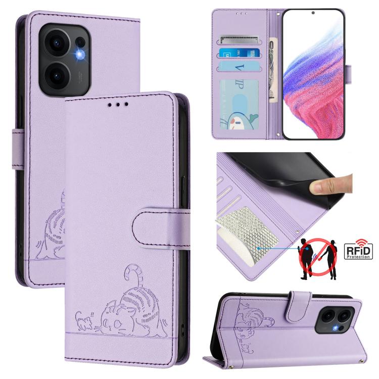 Cat Rat Embossed Pattern RFID Leather Phone Case with Lanyard, For OPPO Find X8 Ultra, For OPPO Reno13 F 5G Global / Reno13 F 4G, For OPPO A3x 5G Global, For OPPO Find X8, For OPPO A80 5G EU, For OPPO K12x 5G Global, For OPPO Reno12 F Global           ...