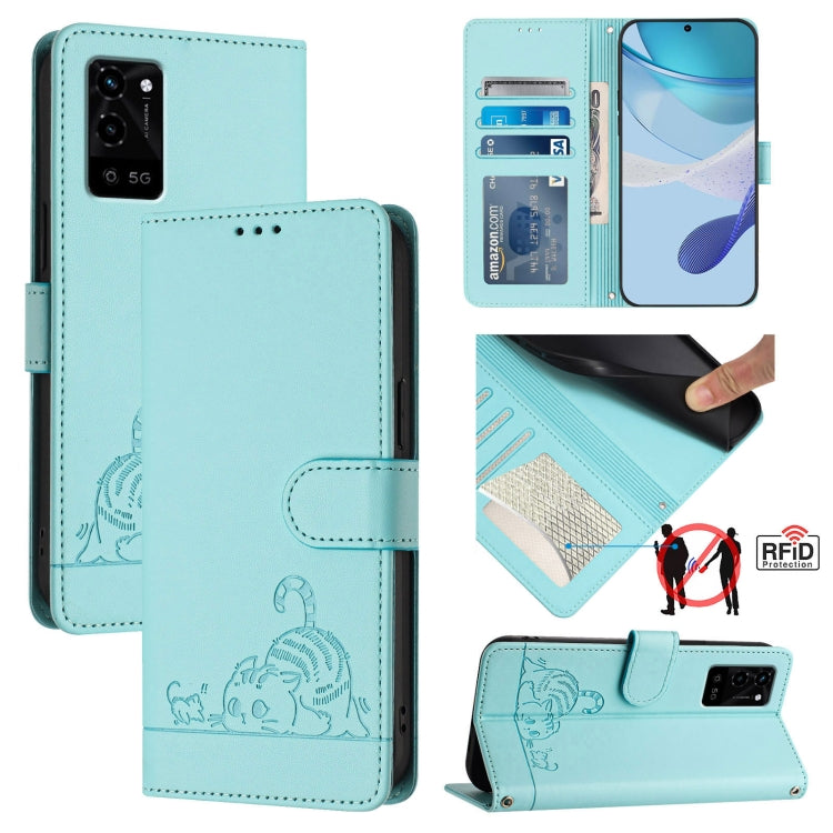 Cat Rat Embossed Pattern RFID Leather Phone Case with Lanyard, For Realme V11 5G, For Realme C17 / 7i