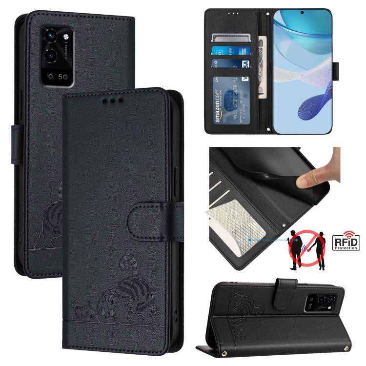 Cat Rat Embossed Pattern RFID Leather Phone Case with Lanyard, For Realme V11 5G, For Realme C17 / 7i
