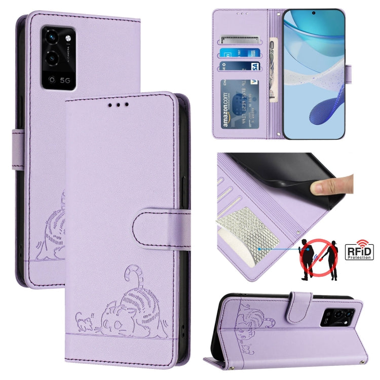 Cat Rat Embossed Pattern RFID Leather Phone Case with Lanyard, For Realme V11 5G, For Realme C17 / 7i