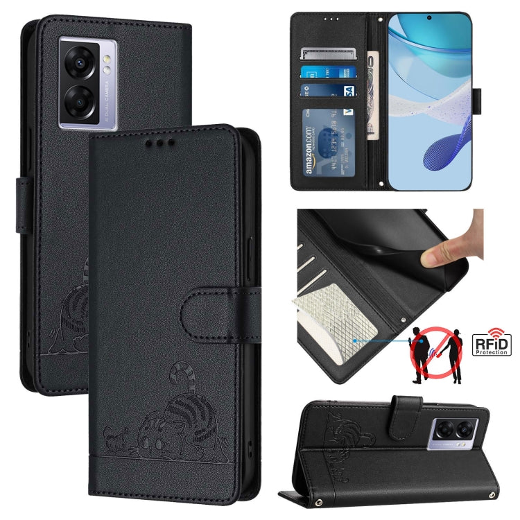 Cat Rat Embossed Pattern RFID Leather Phone Case with Lanyard, For Realme 9i 4G, For Realme Narzo 50, For Realme C20 / C11 2021 / C21, For Realme C21Y, For Realme C25 / C15 / C12, For Realme C25S / 7i Global, For Realme 8 4G / 8 Pro 4G                 ...