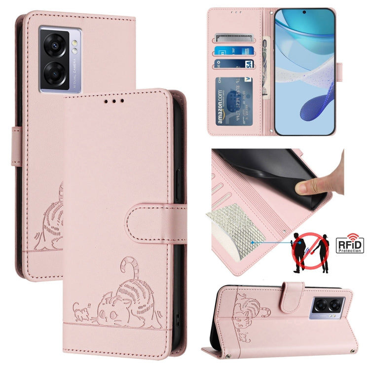 Cat Rat Embossed Pattern RFID Leather Phone Case with Lanyard, For Realme V23, For Realme Q5i, For Realme GT NEO3, For Realme 8 5G / 9 5G India, For Realme V13 5G / Q3 5G, For Realme Q3i 5G, For Realme 9 5G EU Version, For Realme 9 Pro 5G Global