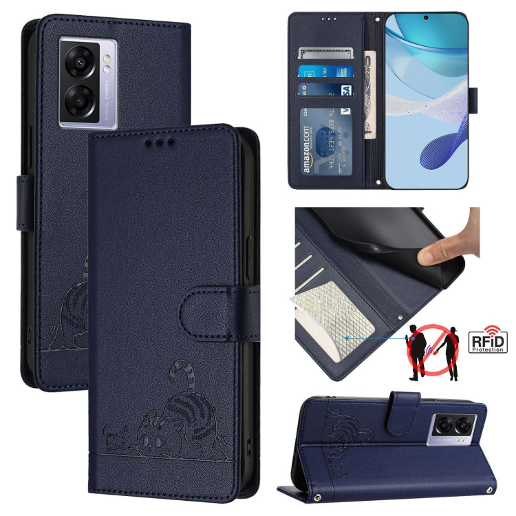Cat Rat Embossed Pattern RFID Leather Phone Case with Lanyard, For Realme V23, For Realme Q5i, For Realme GT NEO3, For Realme 8 5G / 9 5G India, For Realme V13 5G / Q3 5G, For Realme Q3i 5G, For Realme 9 5G EU Version, For Realme 9 Pro 5G Global