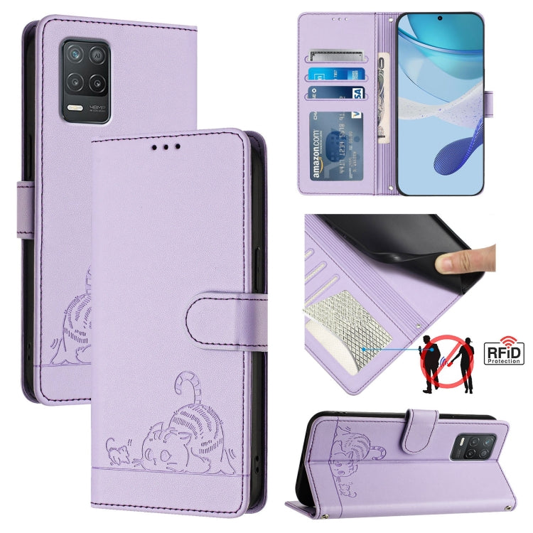Cat Rat Embossed Pattern RFID Leather Phone Case with Lanyard, For Realme V23, For Realme Q5i, For Realme GT NEO3, For Realme 8 5G / 9 5G India, For Realme V13 5G / Q3 5G, For Realme Q3i 5G, For Realme 9 5G EU Version, For Realme 9 Pro 5G Global